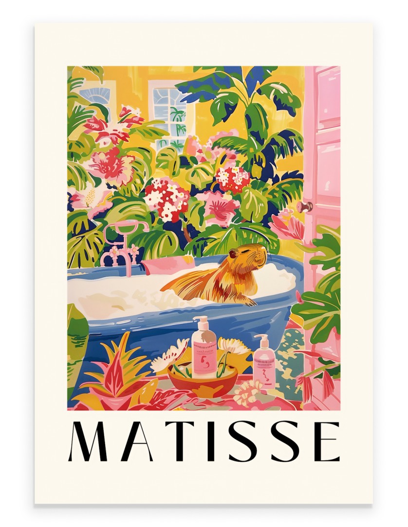 Framed art print of a capybara lounging in a blue bathtub with tropical plants and flowers, inspired by Henri Matisse.