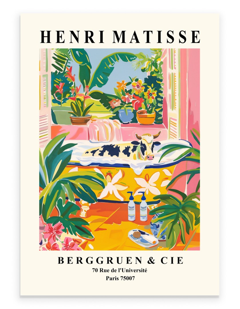 Cow resting in a bathtub with tropical plants, Matisse-style print