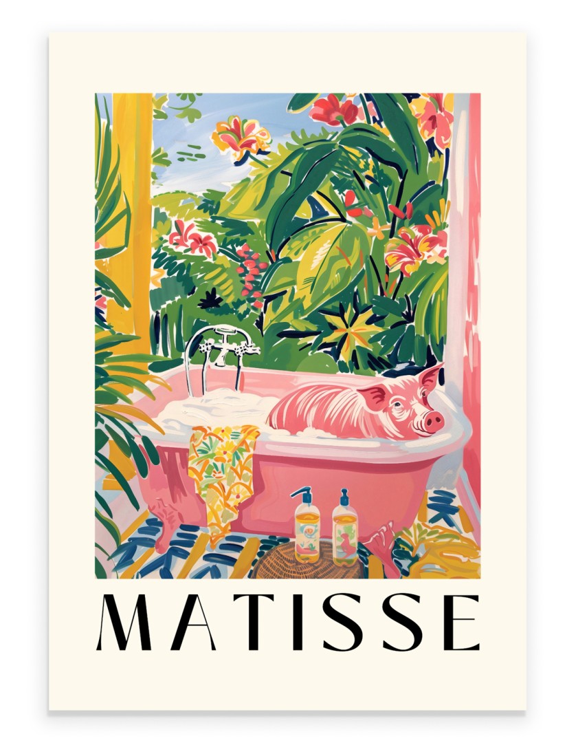 Playful pig bathing scene in Henri Matisse inspired style with bold strokes, tropical leaves, and garden view - cheerful bathroom print for decor