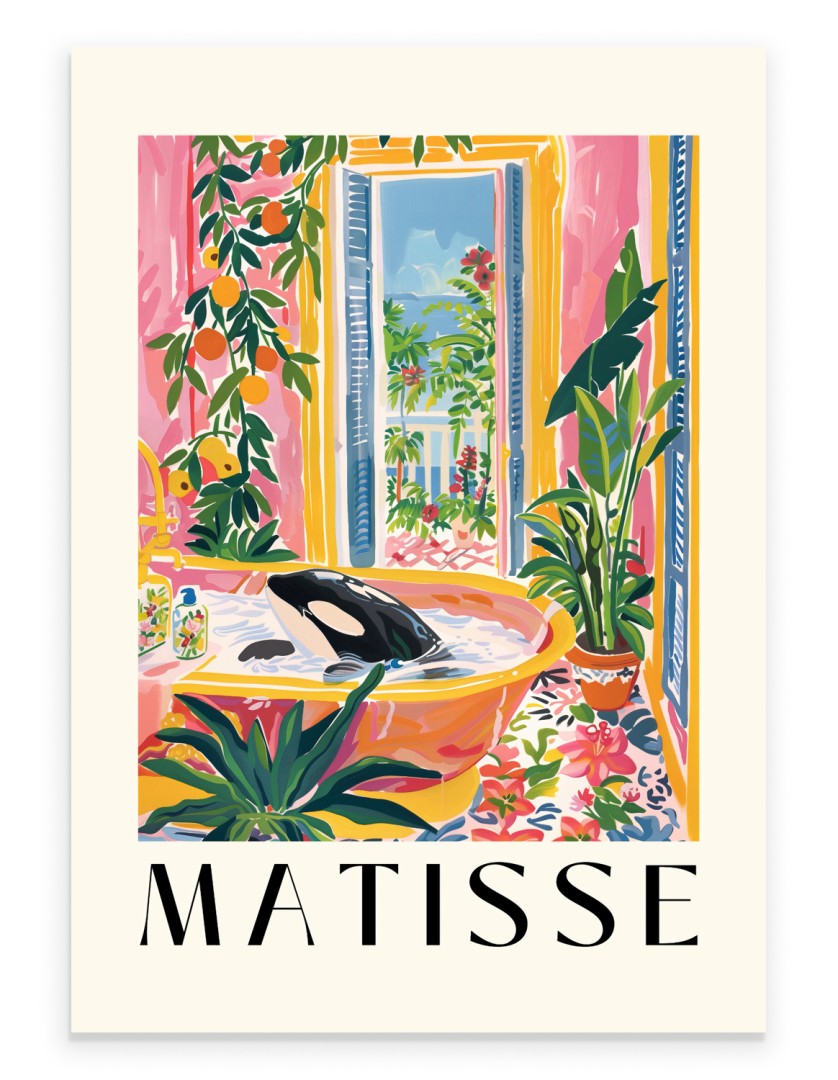 Playful orca whale bathing in a sunlit room with plants and open window painted in Henri Matisse inspired style - colorful bathroom print for wall decor