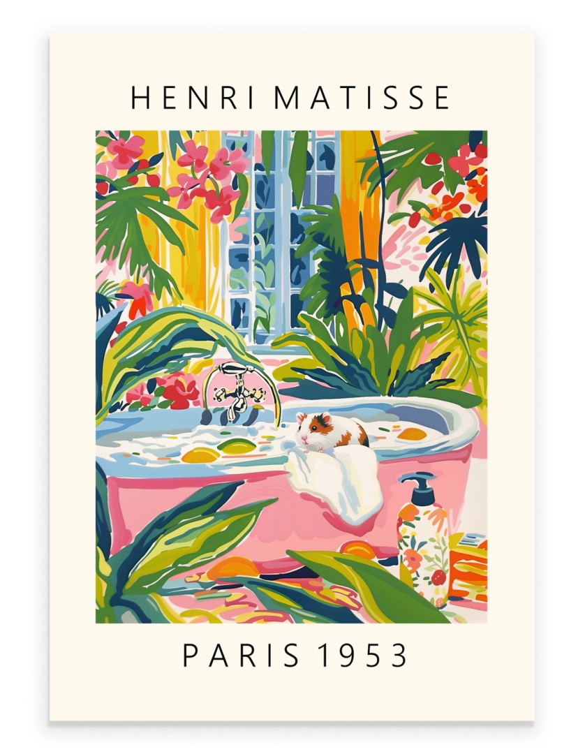 Guinea pig soaking in bath in botanical setting – Henri Matisse inspired artwork