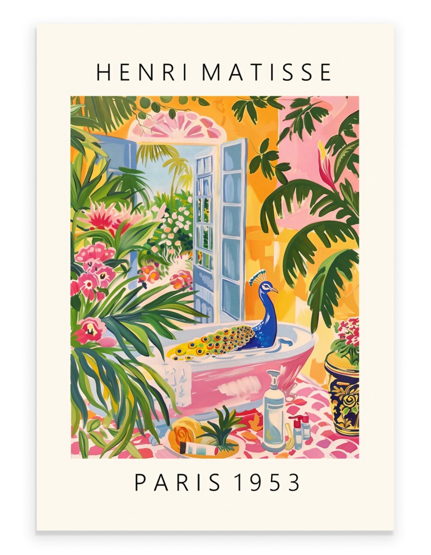 Henri Matisse inspired art print of a peacock in a pink bathtub surrounded by tropical plants and flowers.