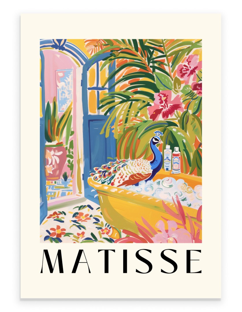 Matisse inspired art print of a peacock in a yellow bathtub surrounded by lush tropical plants and bright flowers.
