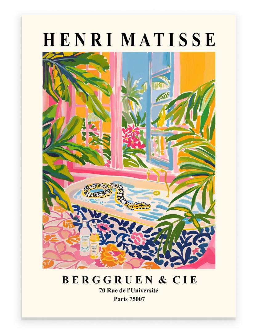 Matisse style art print of a yellow snake in a vintage bathtub surrounded by tropical plants.