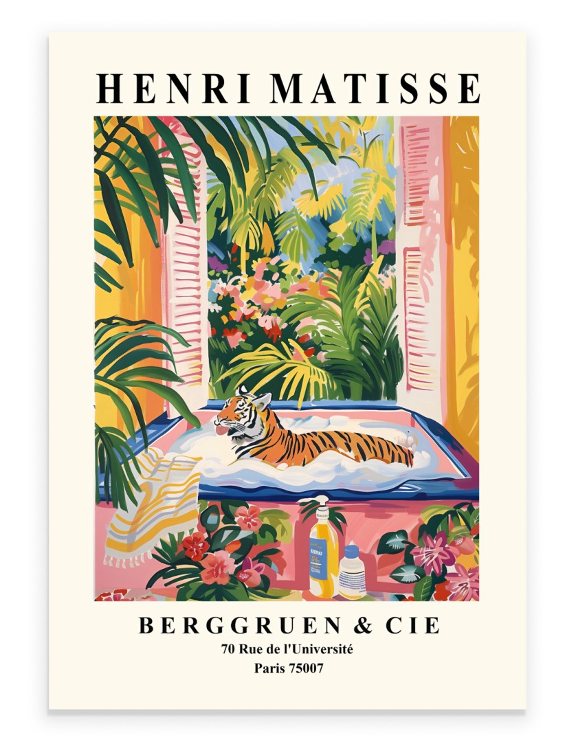 Matisse inspired tiger in bubble bath bathroom art print