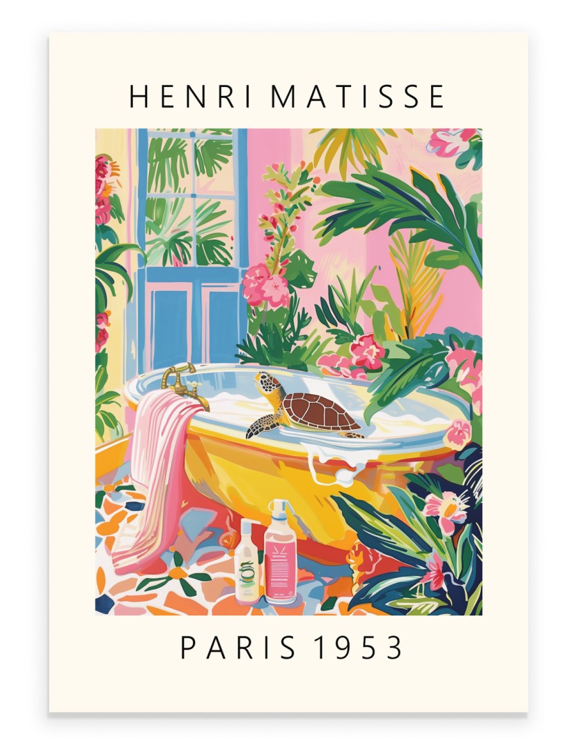 Henri Matisse style art print of a colorful bathtub scene with tropical plants.