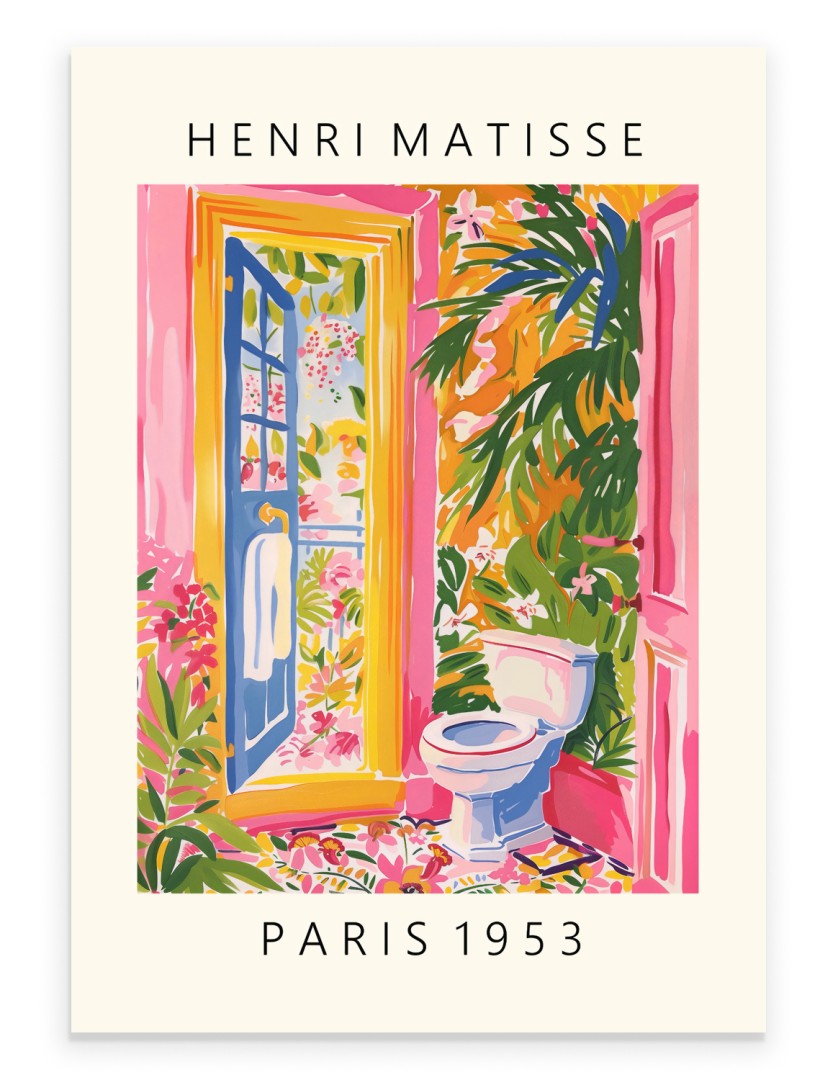 Matisse style tropical toilet bathroom art print with plants and florals.