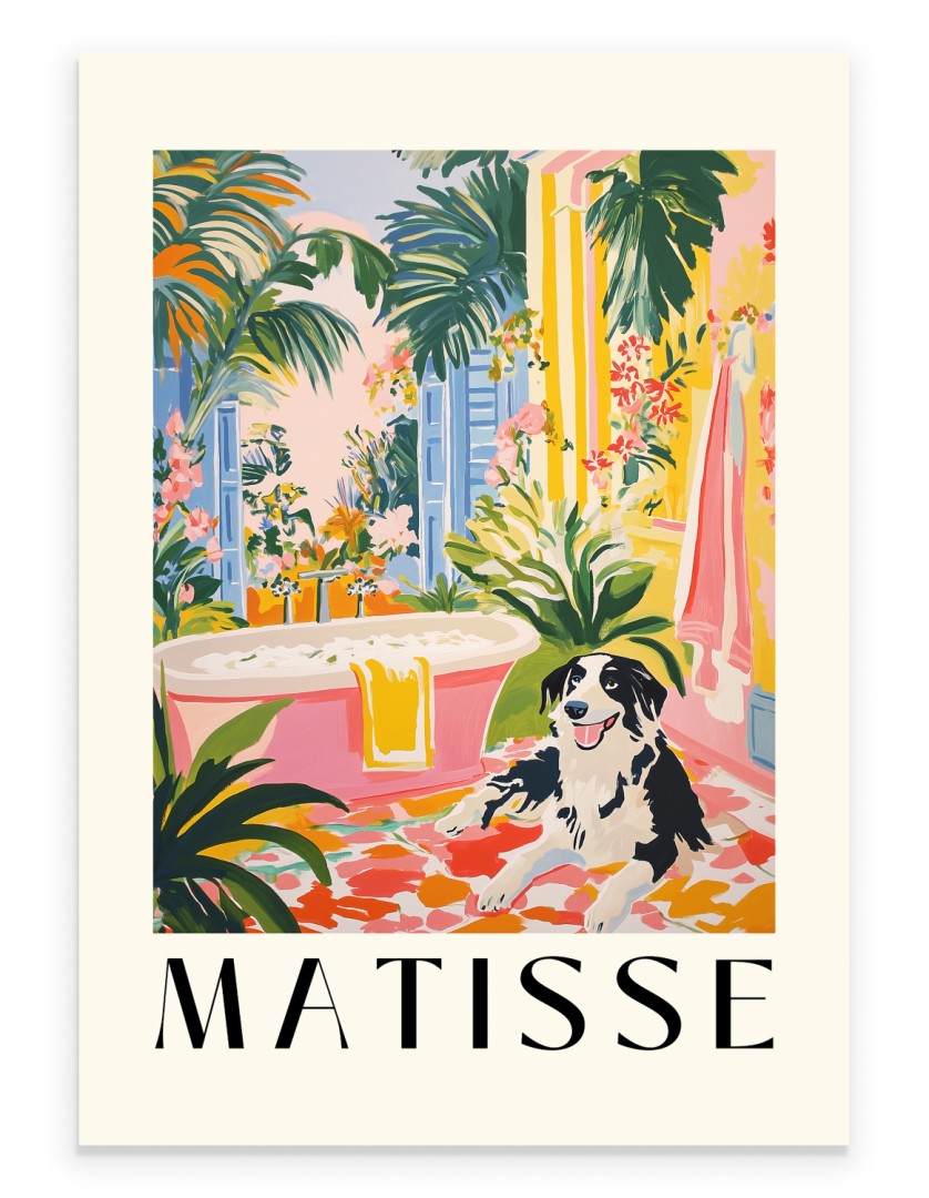 Matisse style border collie bathroom art print with tropical plants and bathtub.