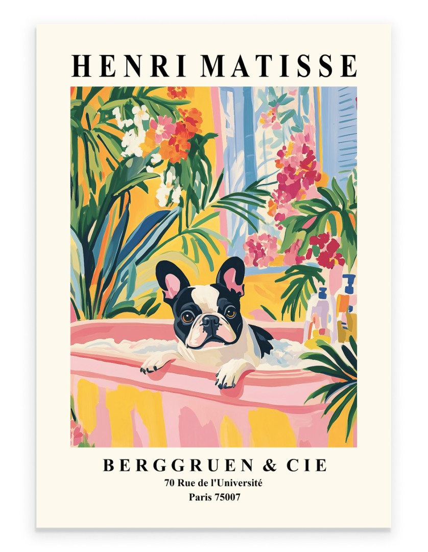 Matisse style bathroom art print with French Bulldog in pink tub and tropical plants.