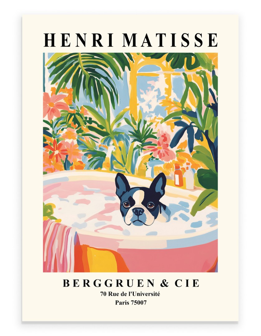 Matisse style Boston Terrier bathroom print with tropical plants and pink tub.