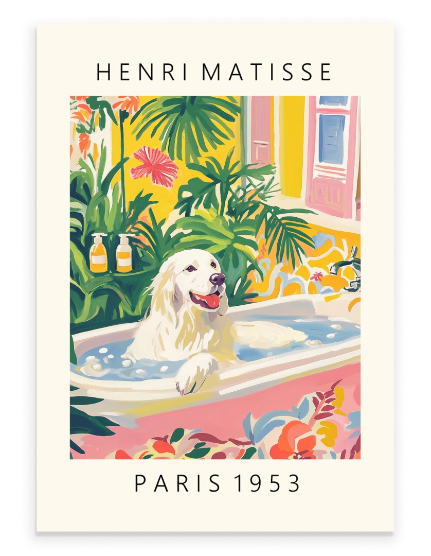 Matisse style Great Pyrenees bathroom art print with tropical plants and white bathtub.