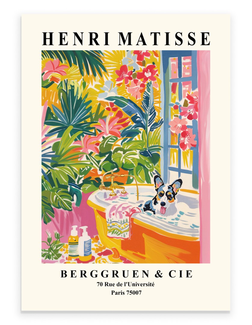 Cardigan Corgi in a golden clawfoot tub surrounded by colorful tropical plants.