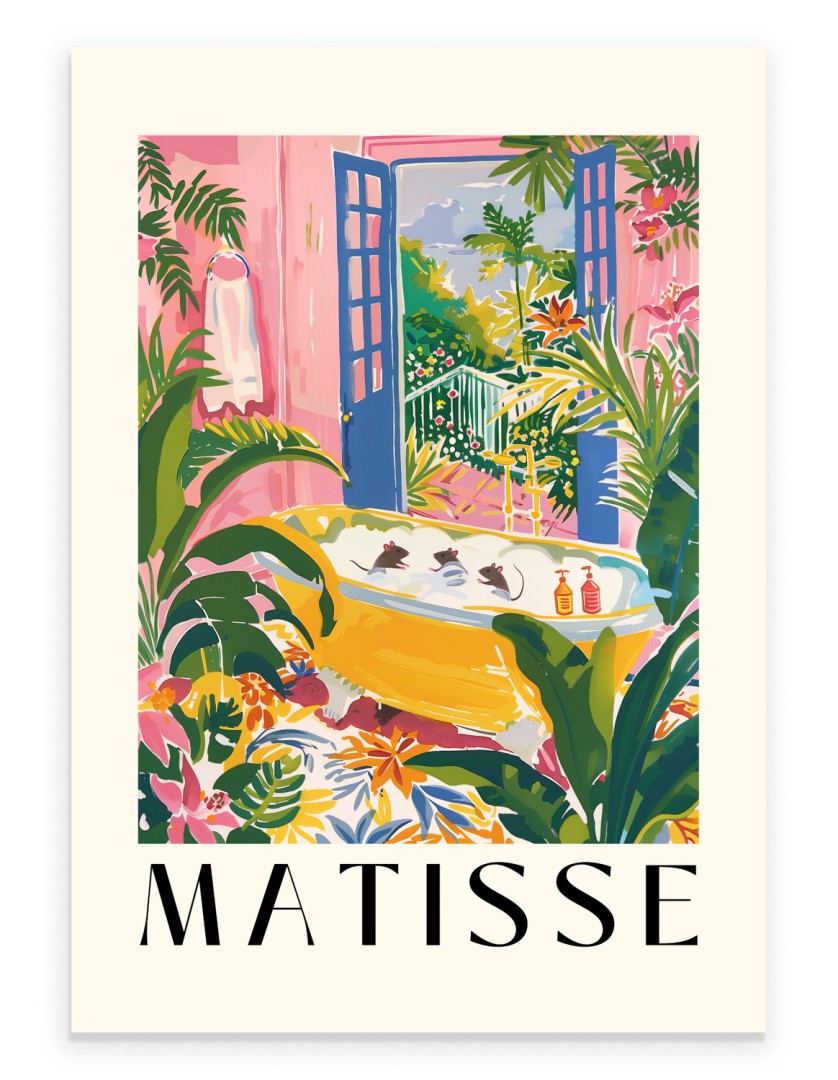 Three rats in a golden bathtub with tropical plants and open French doors.
