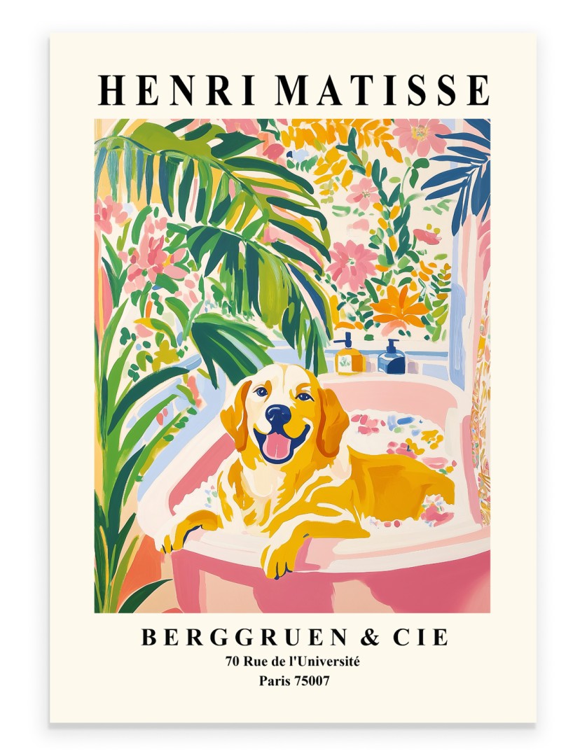 Golden Retriever in a pink bathtub with tropical plants and flowers.