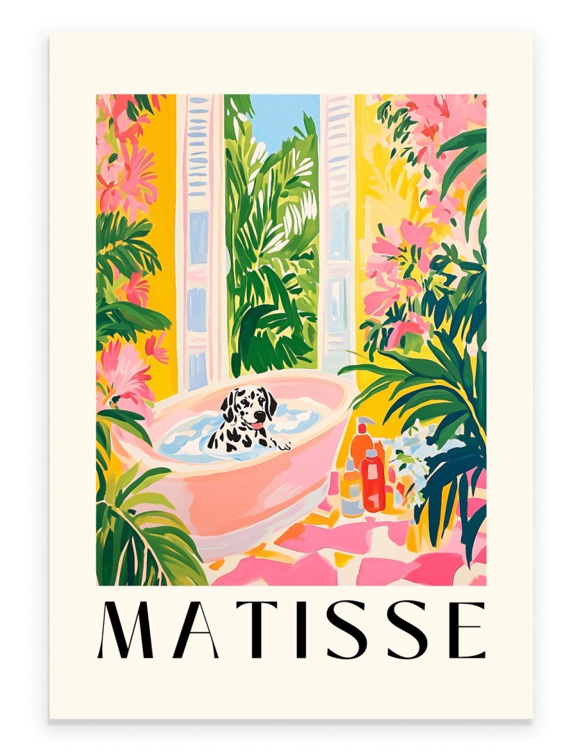 Dalmatian soaking in a pink bathtub with tropical plants.