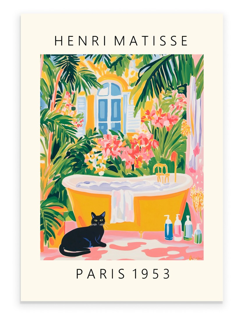 Black cat next to a golden tub with tropical plants - Matisse style art print.