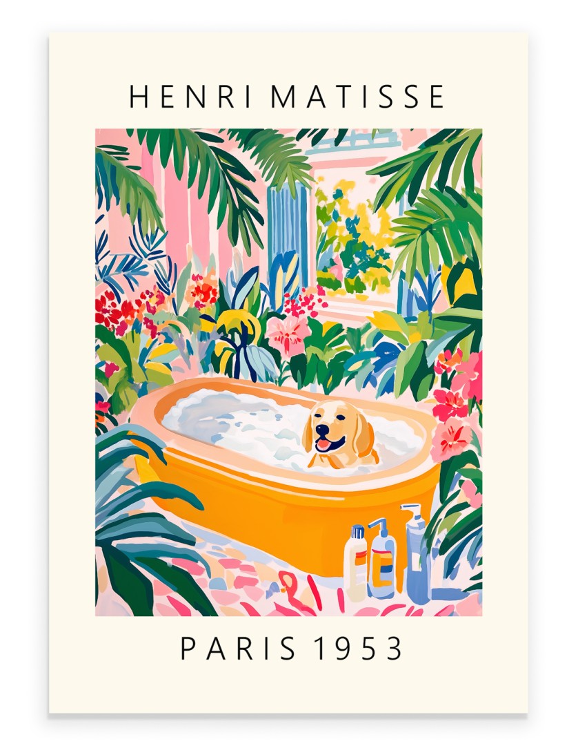 Labrador sitting in a yellow bathtub with bubbles and plants.