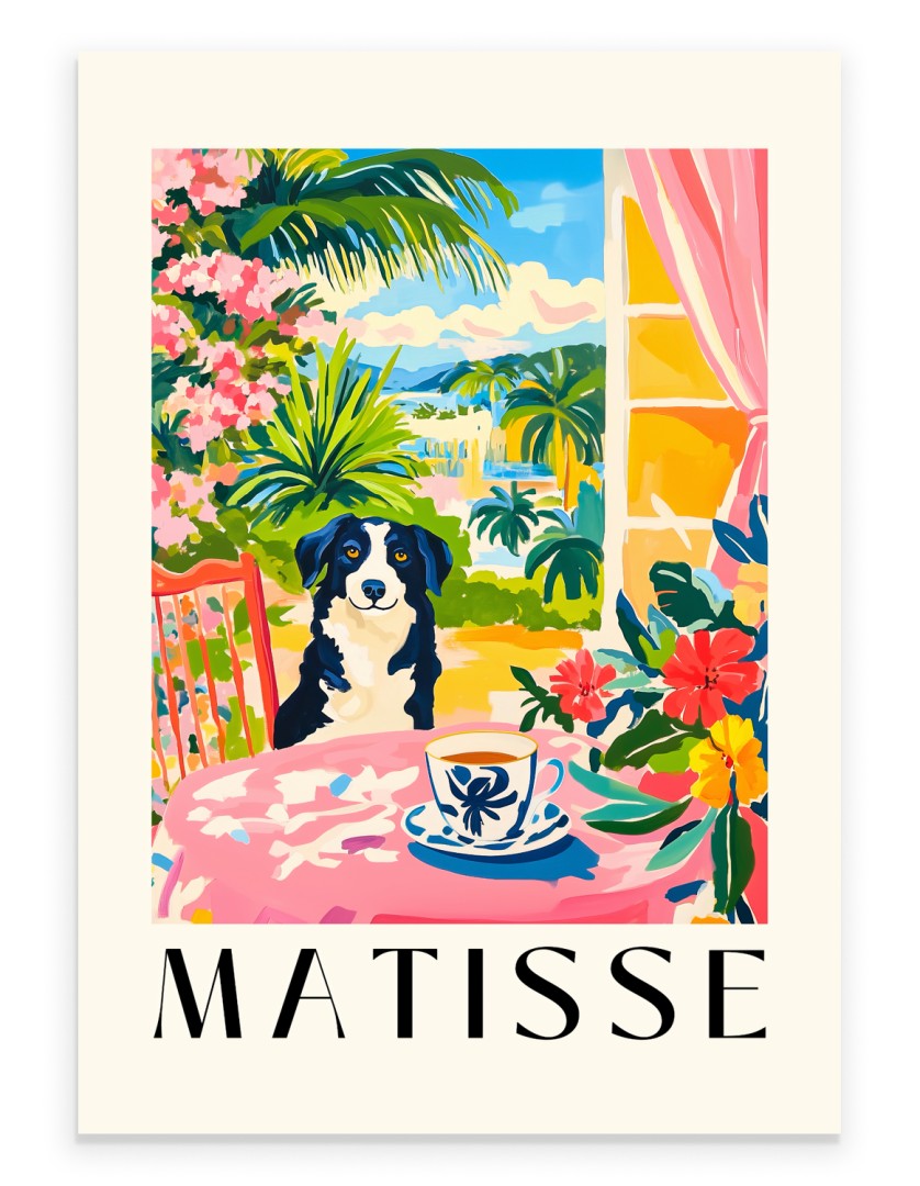 Henri Matisse inspired Border Collie art print with colorful terrace view
