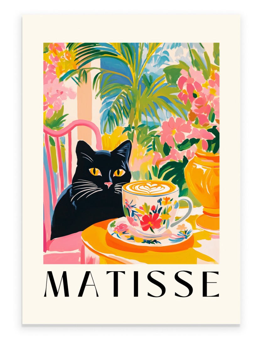 Henri Matisse inspired black cat art print in colorful café setting