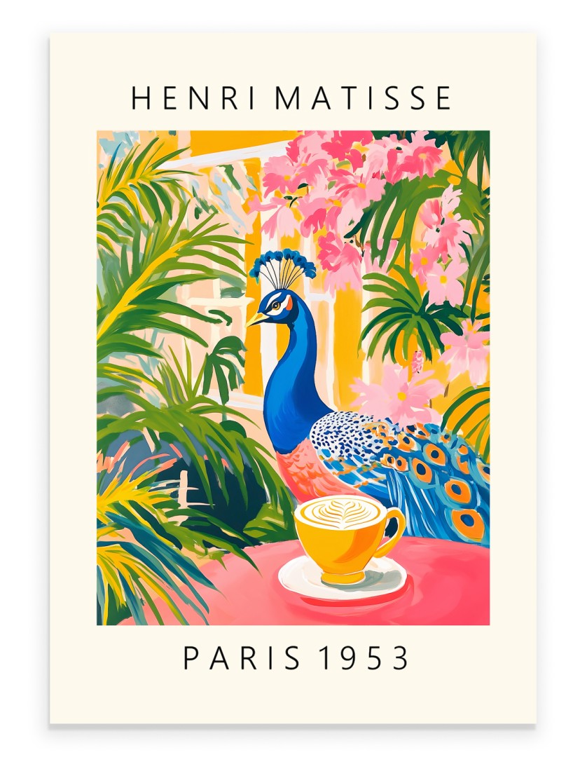 Henri Matisse inspired peacock art print in colorful café setting