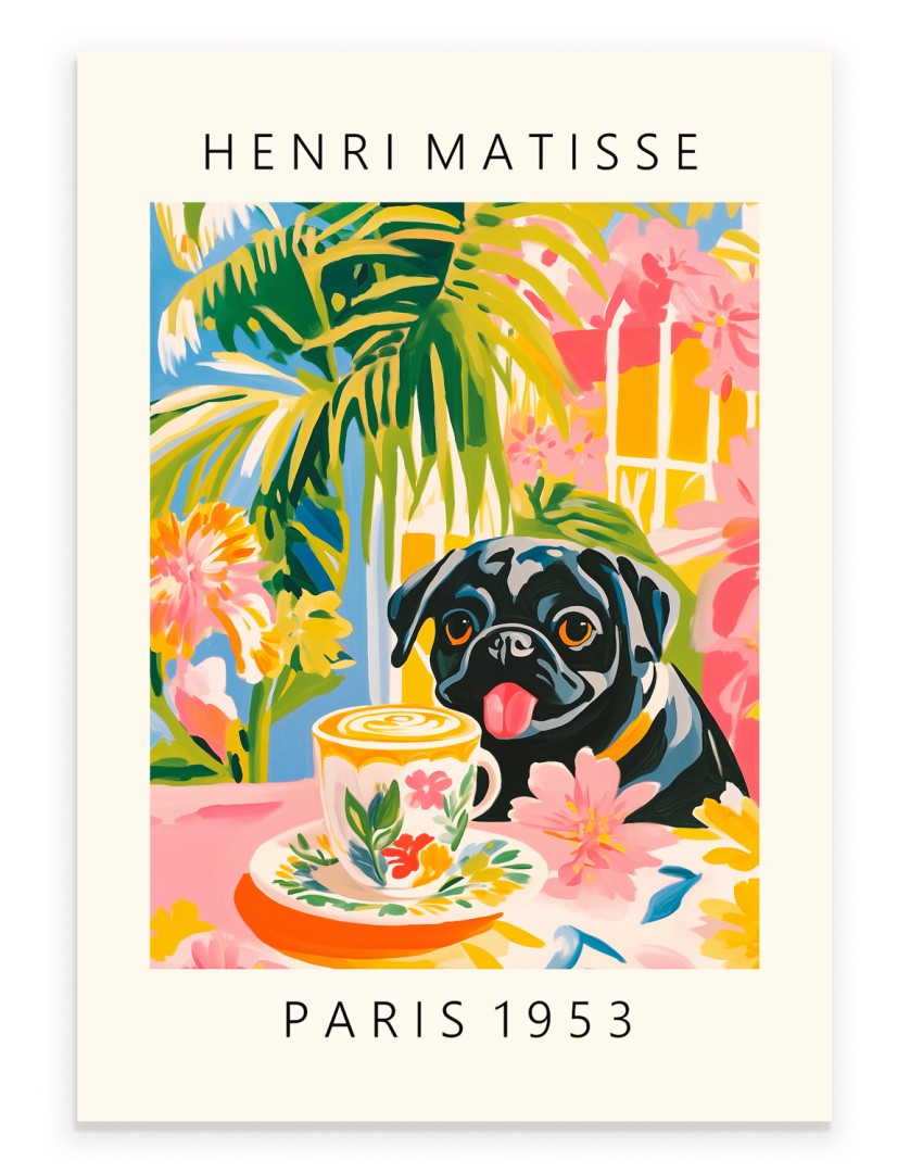 Henri Matisse inspired Pug art print in tropical café setting