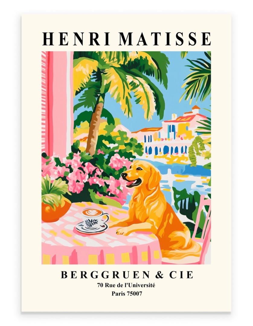 Henri Matisse inspired art print of golden retriever in café with coffee