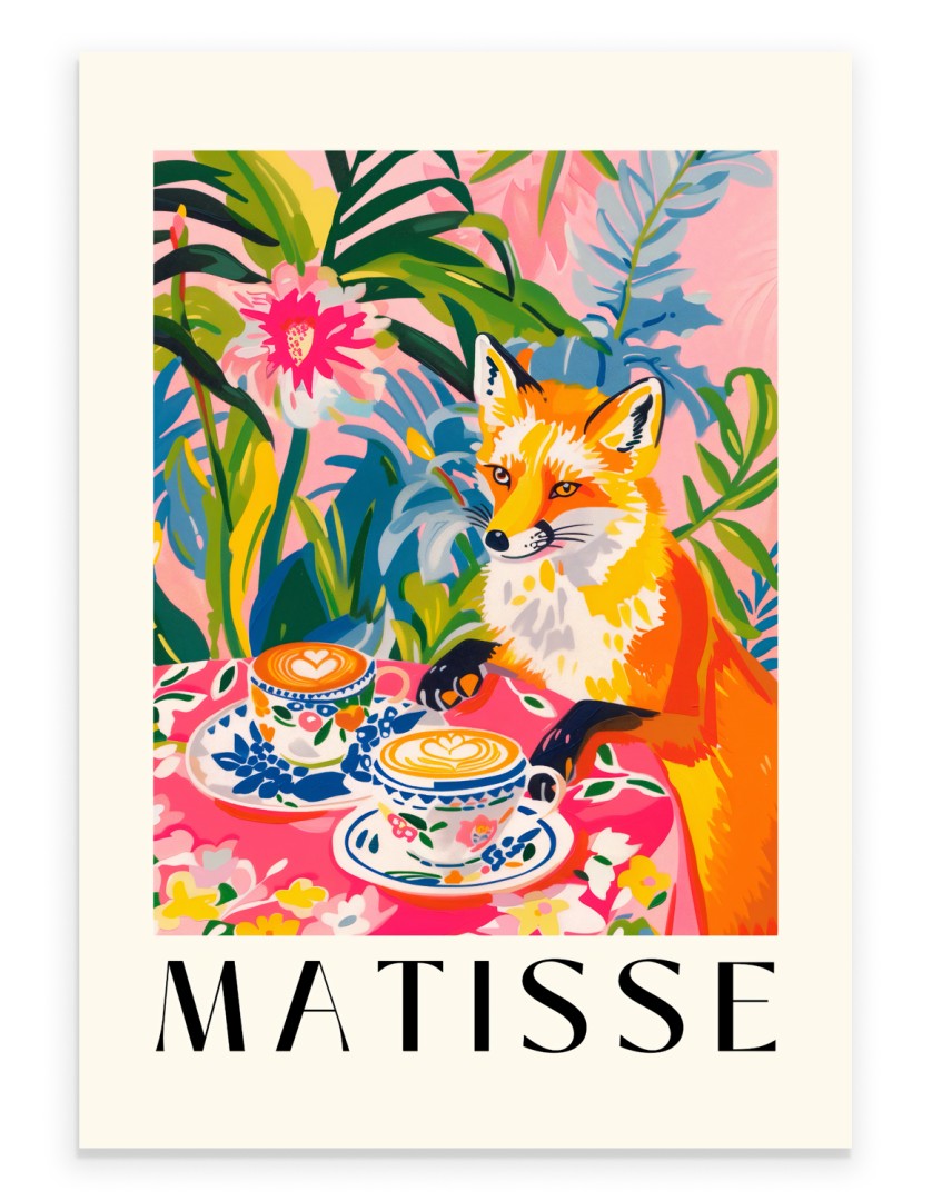 Matisse inspired fox cafe art print with tropical colors
