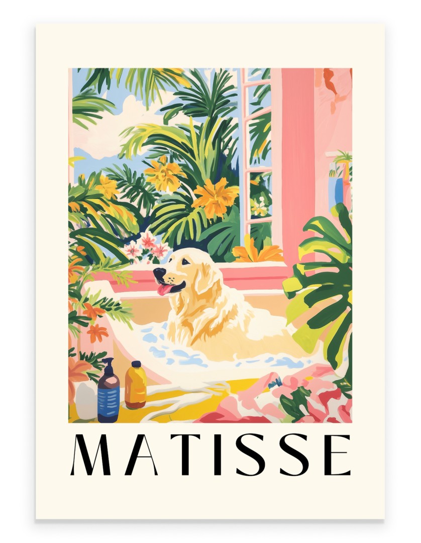 Labrador in a pink tub with tropical plants and yellow flowers, Matisse-style art print.