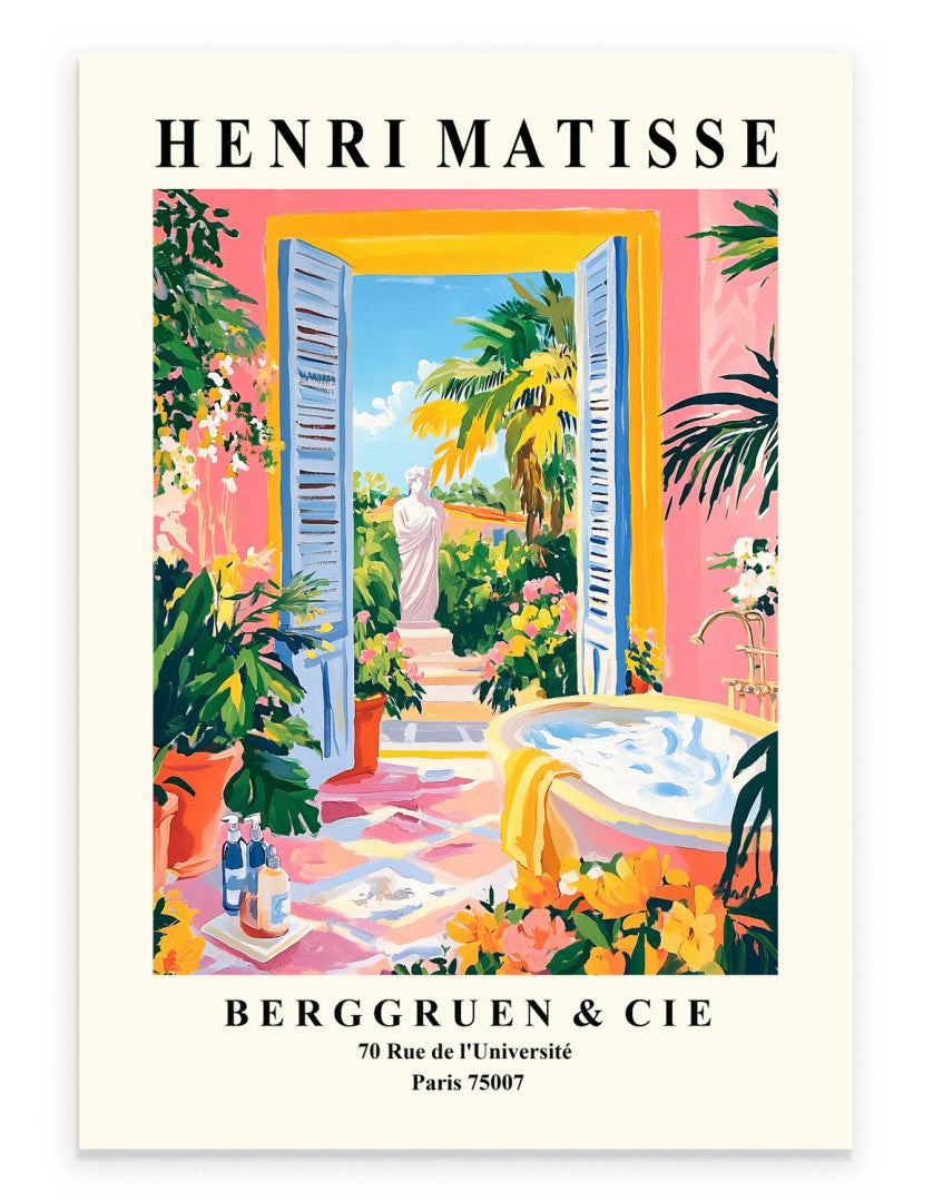 Matisse inspired bathroom art print with bathtub and tropical view