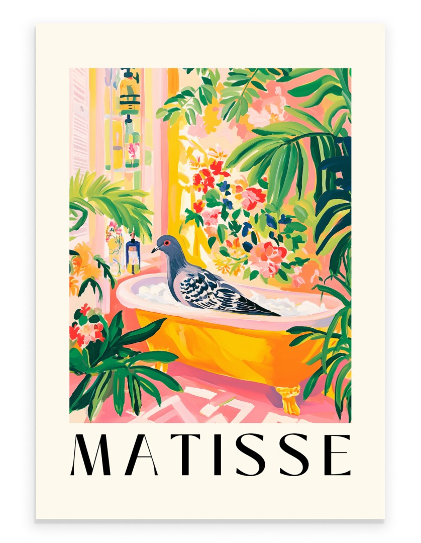 Matisse style pigeon bath wall art print with lush flowers and golden tub