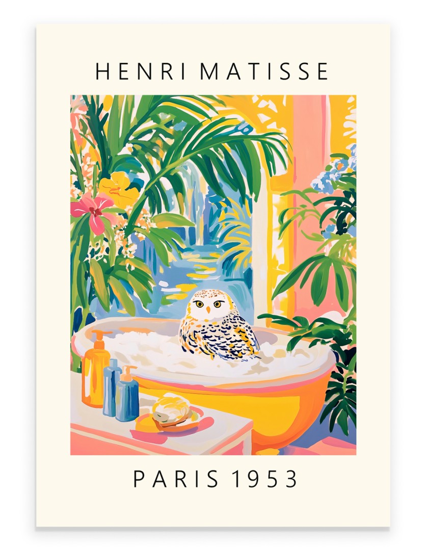 Snowy owl bathroom wall art print in Matisse style with golden bathtub