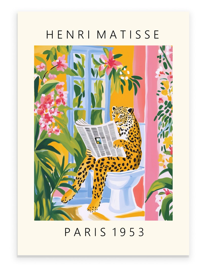 Leopard bathroom wall art print in Matisse inspired style with newspaper scene