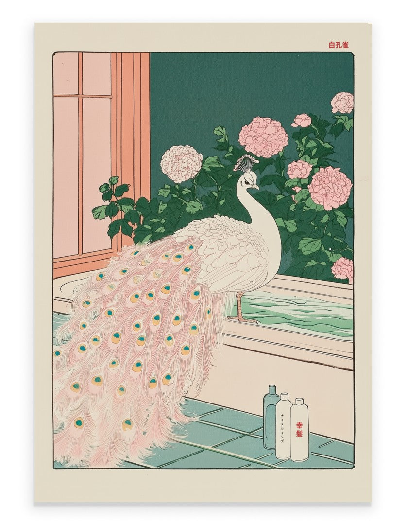 Elegant white peacock in a floral Japanese bath setting with soft pastel details