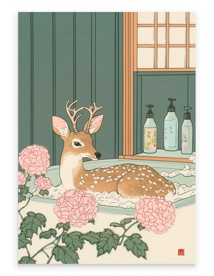 Spotted deer soaking in a Japanese floral bath with steam and soft blossoms