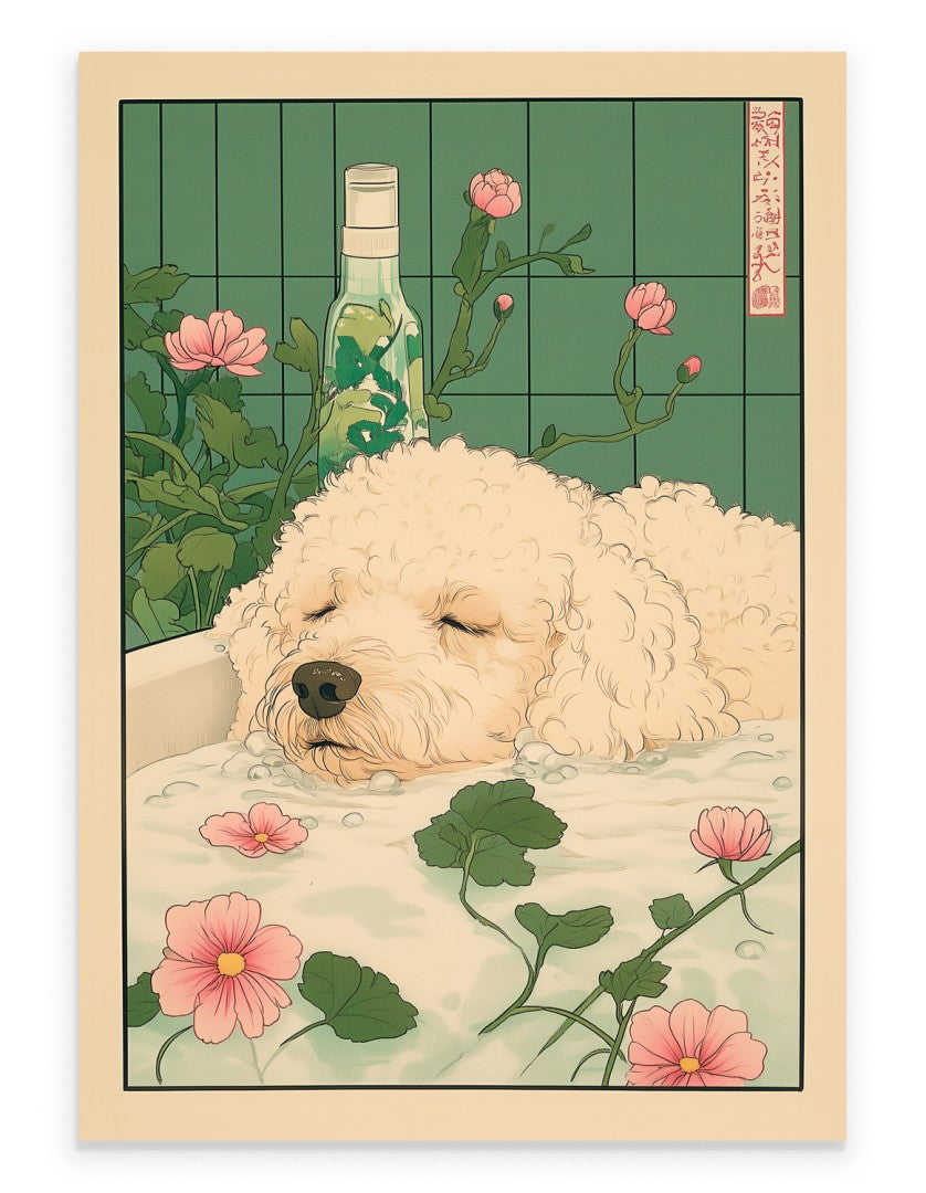 Beige poodle resting in a floral Japanese bath surrounded by petals and warm tones