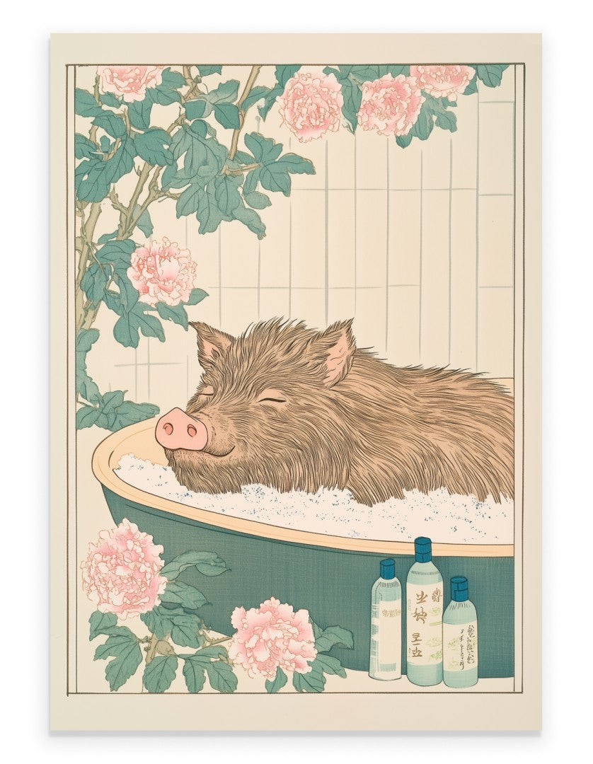 Boar resting in a Japanese-style floral bath with petals and natural color