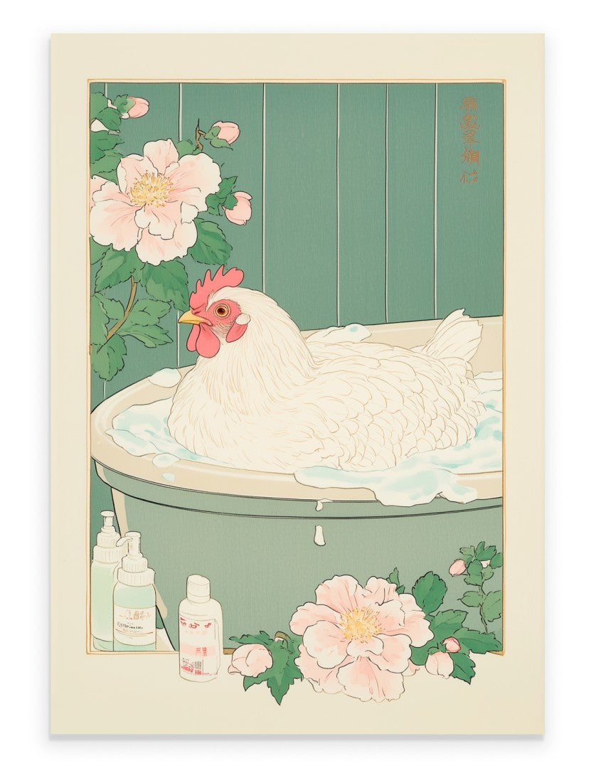 Fluffy chicken soaking in a floral Japanese bath surrounded by steam and leaves