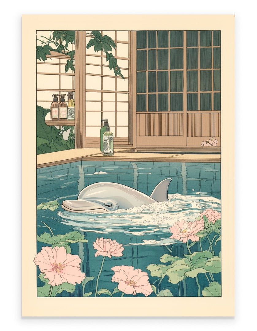 Dolphin floating in a Japanese floral bath surrounded by soft blossoms