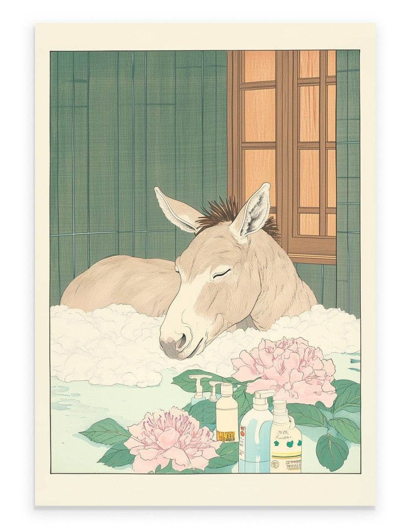 Donkey relaxing in a Japanese floral bath with petals and soft pastels