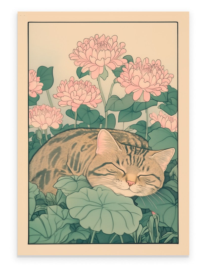 Japanese-style art print of a tabby cat sleeping in green foliage surrounded by pink chrysanthemums