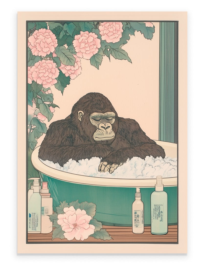 Gorilla soaking in a Japanese floral bath with soft petals and peaceful light