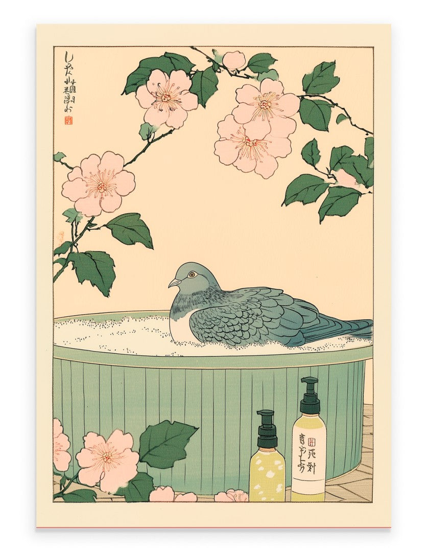 Pigeon soaking in a botanical Japanese bath with flowers and gentle steam