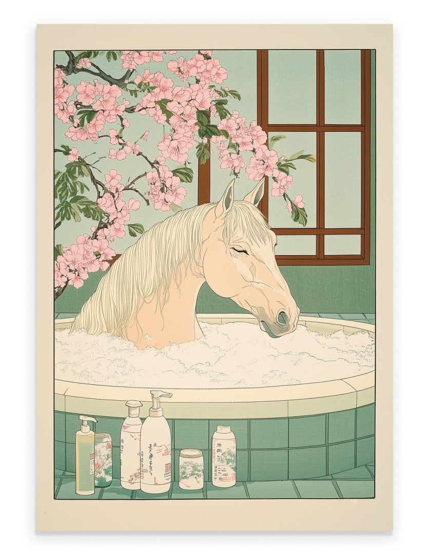 Horse relaxing in a flower bath, surrounded by soft petals