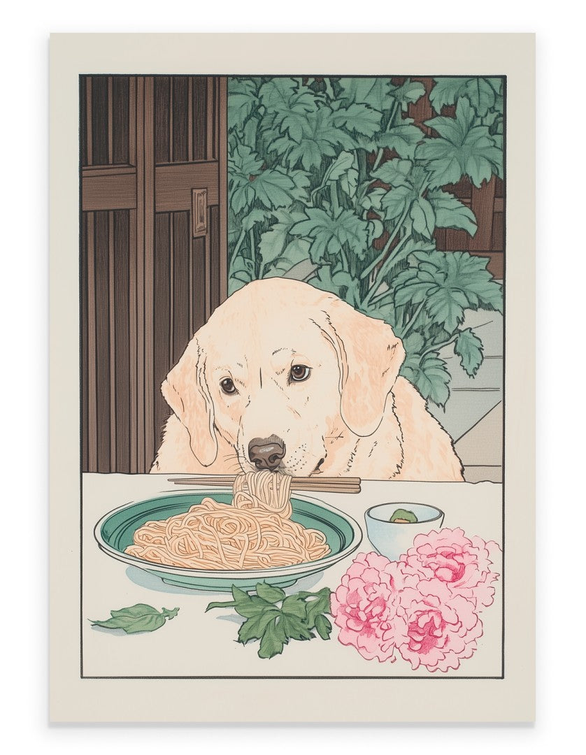 Japanese-style illustration of a Labrador retriever eating noodles with chopsticks at a table