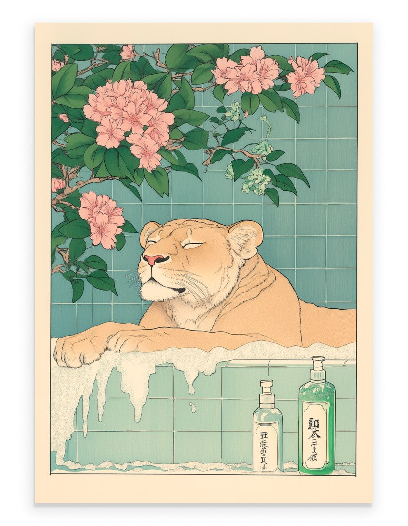 Lioness in a floral Japanese bath with muted blossoms