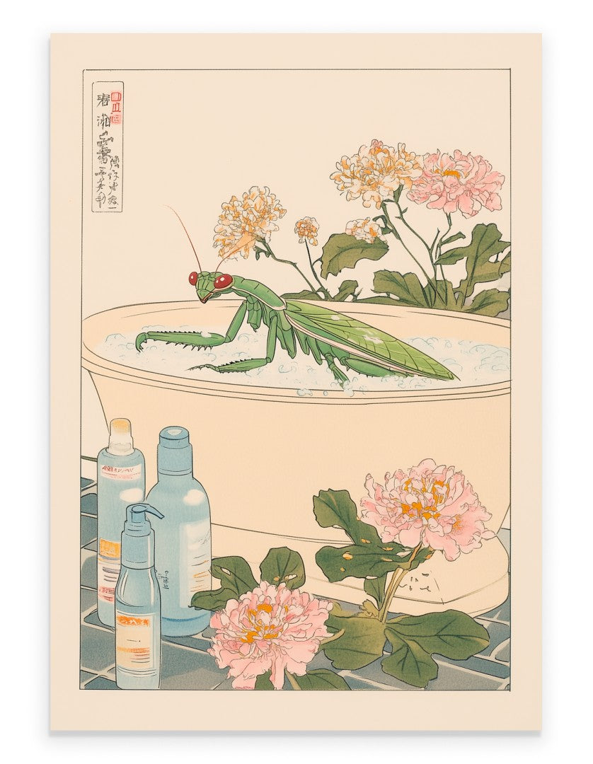 Praying mantis resting in soft floral water with warm, muted tones
