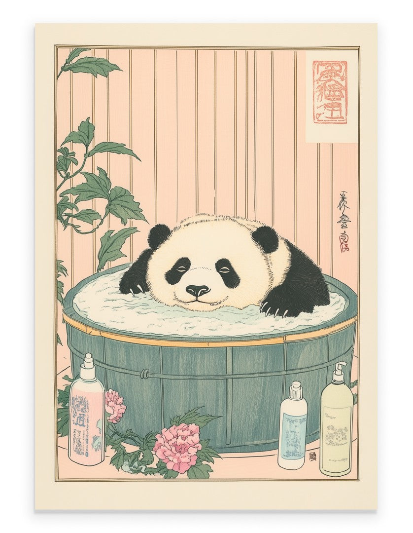 Panda in a flower bath with floating petals and soft pastel water
