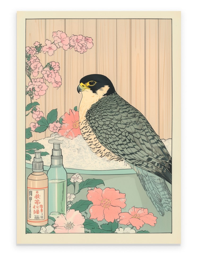 Peregrine falcon in a flower-filled Japanese bath with soft greenery and steam