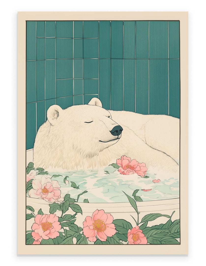 Illustration of a polar bear in a bath with flowers and a tiled wall background