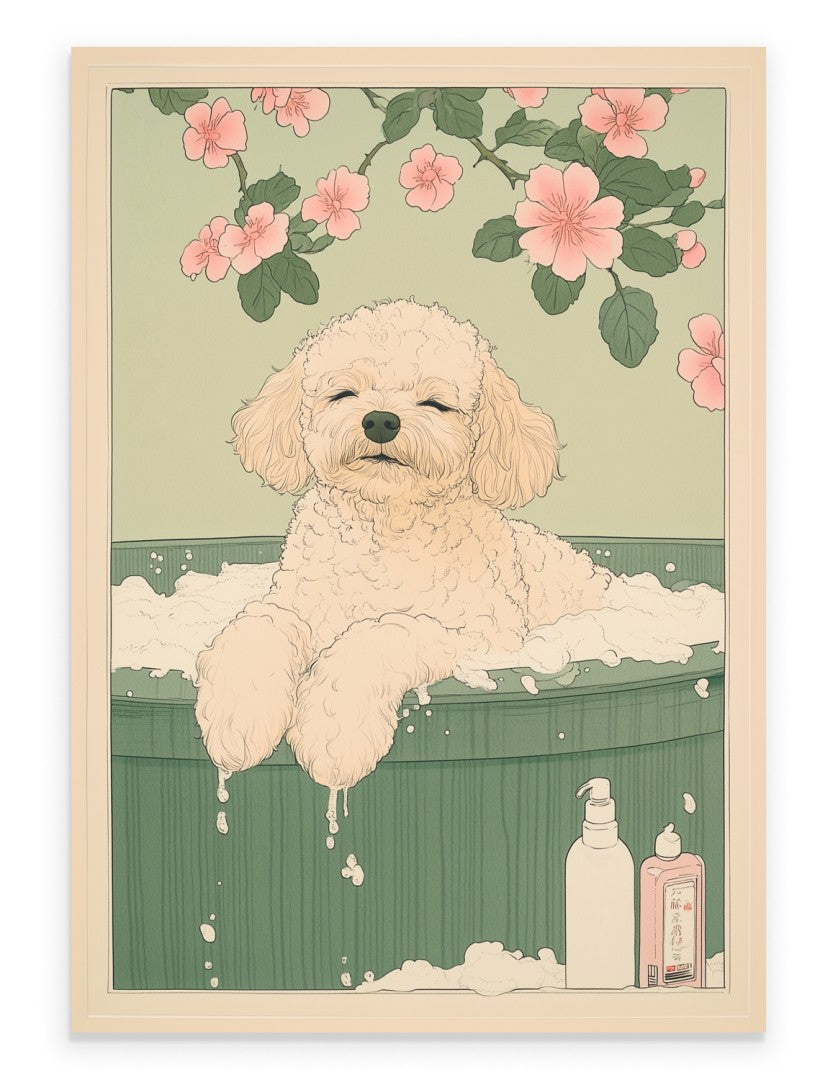 Illustration of a fluffy toy poodle in a bathtub with soap and flowers on a green background
